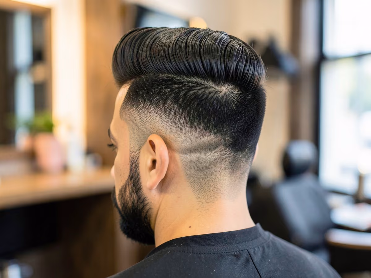 Man with a hard part pompadour