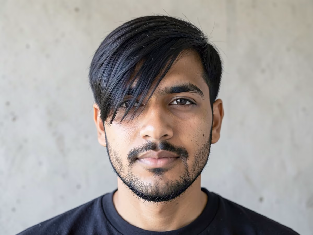 Man with a hard part side swept fringe