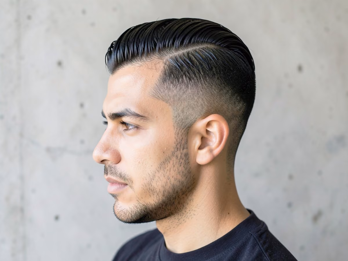 Man with a hard part wet look