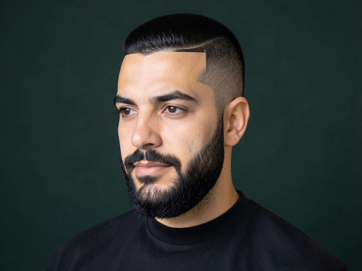 Man with a hard part with boxed beard
