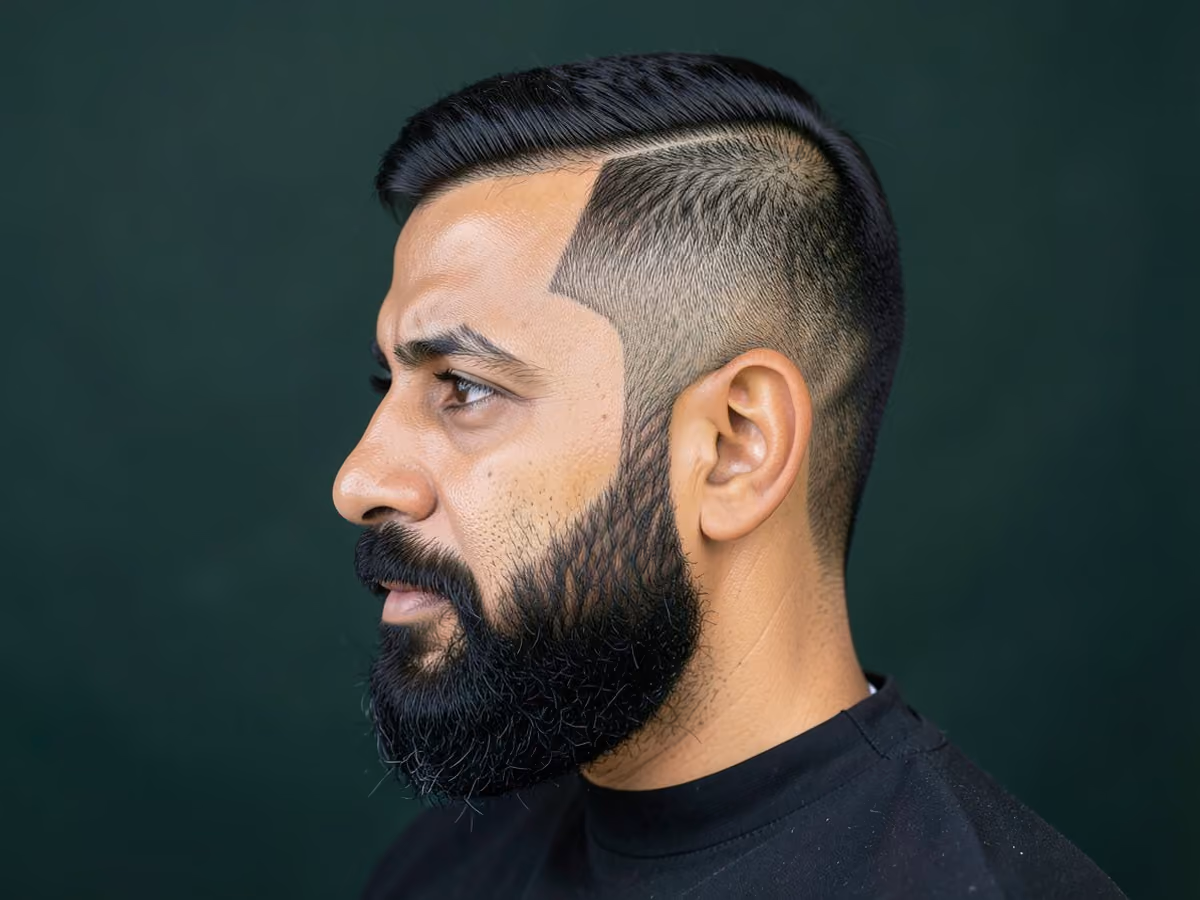 Man with a hard part with line up
