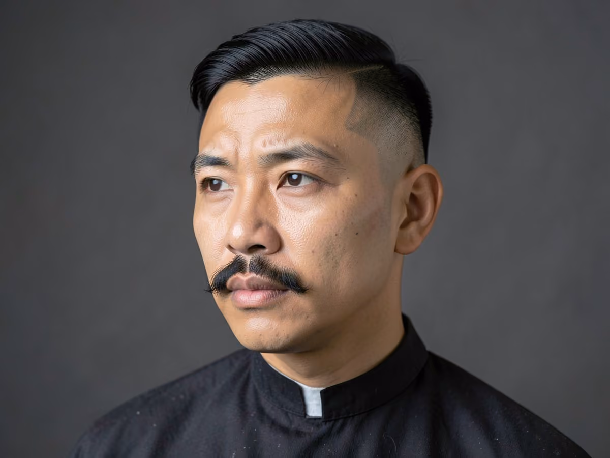 Man with a hard part with mustache