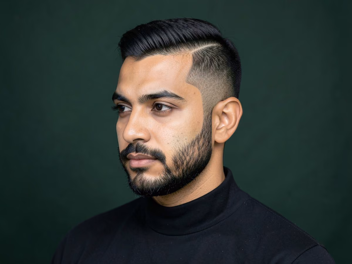 Man with a hard part with scissor taper