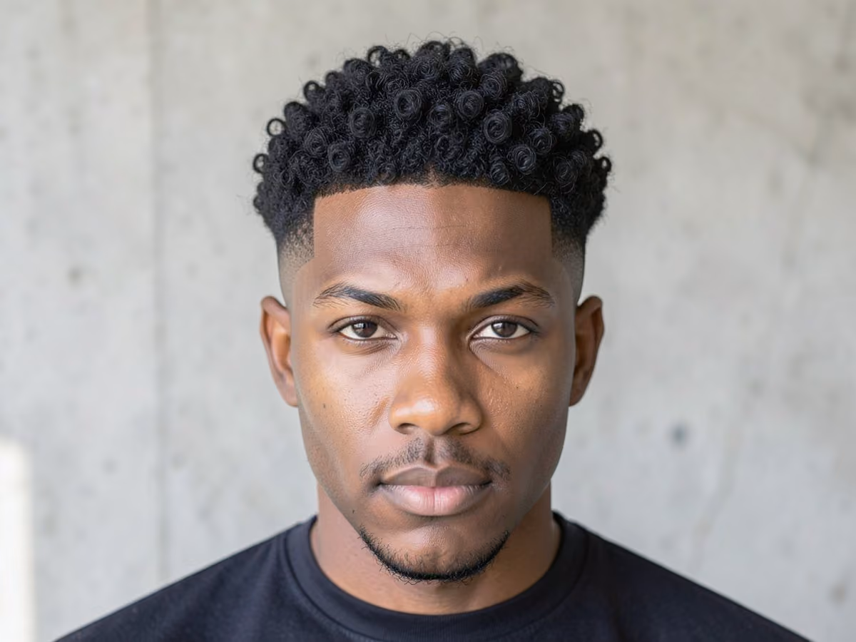 Man with a hard part with sponge curls