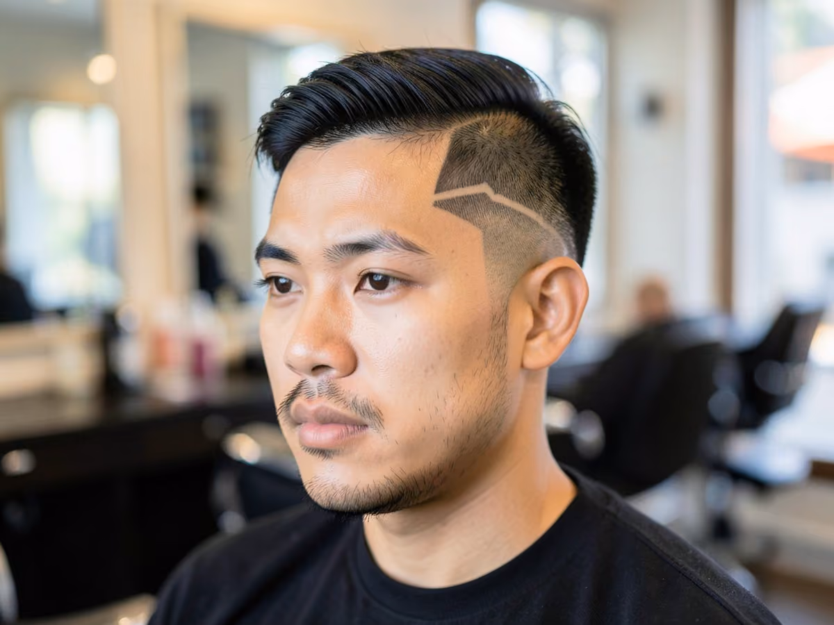 Man with a hard part with zigzag design