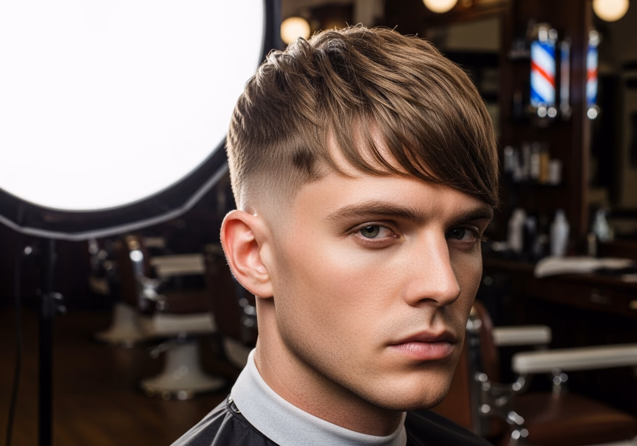 Angular Fringe hairstyle for men 2026 — haircuts for heart-shaped faces variation, best for heart-shaped faces + straight hair, modern barbering by Master Stylist Jessica Hamilton