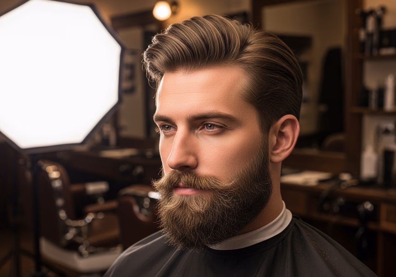 Beard-Enhanced Medium Layers hairstyle for men 2026 — haircuts for heart-shaped faces variation, best for heart-shaped faces + any hair type, modern barbering by Master Stylist Jessica Hamilton