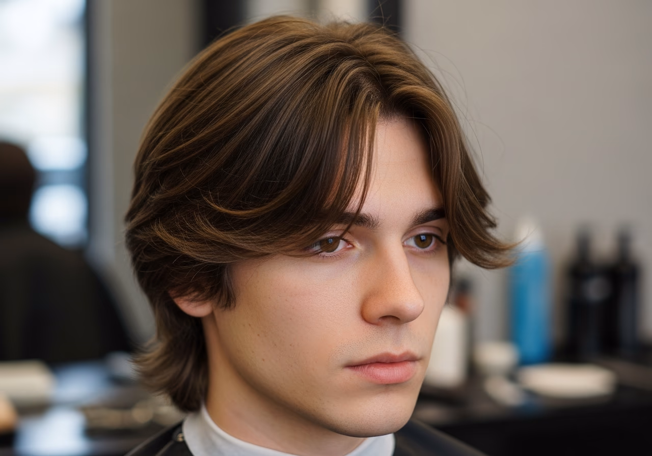 Curtain Bangs with Layers hairstyle for men 2026 — haircuts for heart-shaped faces variation, best for heart-shaped faces + straight or wavy hair, modern barbering by Master Stylist Jessica Hamilton