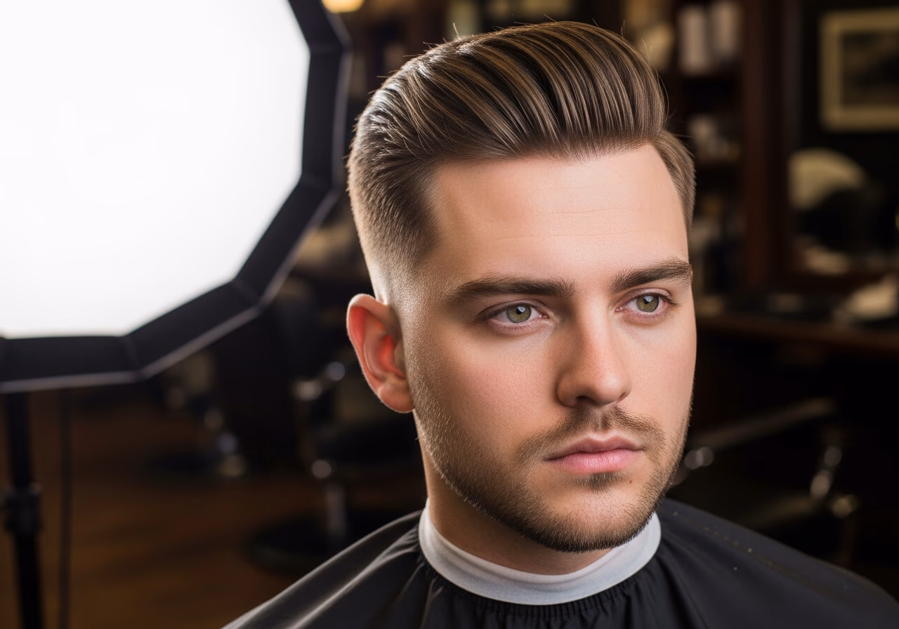 Medium Hard Part hairstyle for men 2026 — haircuts for heart-shaped faces variation, best for heart-shaped faces + straight hair, modern barbering by Master Stylist Jessica Hamilton