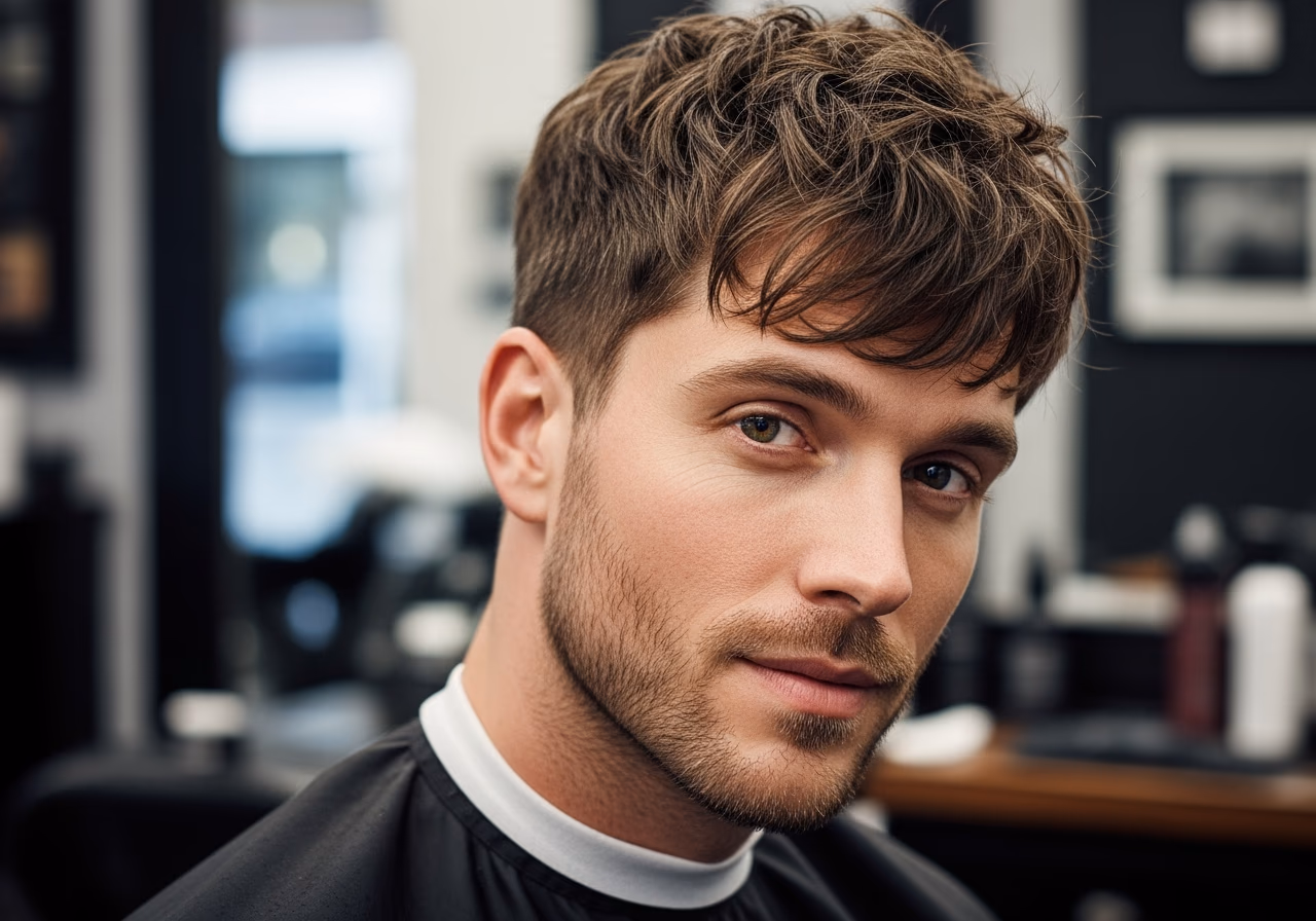 Messy Fringe with Lower Texture hairstyle for men 2026 — haircuts for heart-shaped faces variation, best for heart-shaped faces + all hair types, modern barbering by Master Stylist Jessica Hamilton