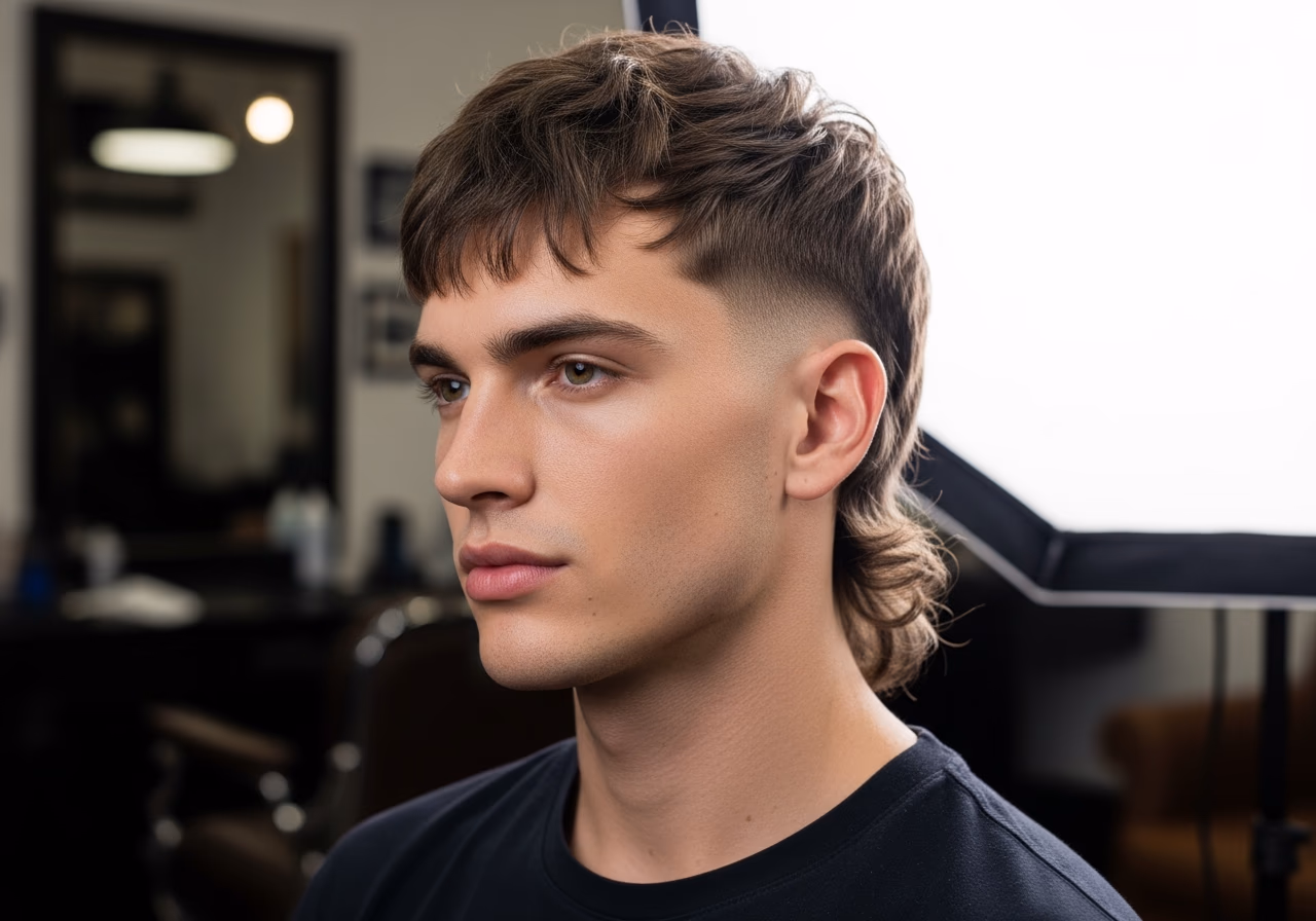 Modern Mullet hairstyle for men 2026 — haircuts for heart-shaped faces variation, best for heart-shaped faces + wavy hair, modern barbering by Master Stylist Jessica Hamilton