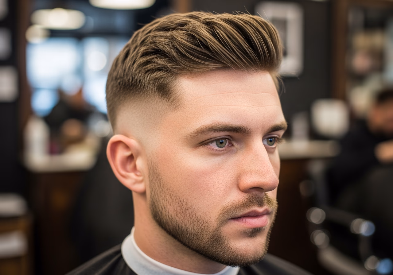 Modern Textured Crew hairstyle for men 2026 — haircuts for heart-shaped faces variation, best for heart-shaped faces + straight hair, modern barbering by Master Stylist Jessica Hamilton