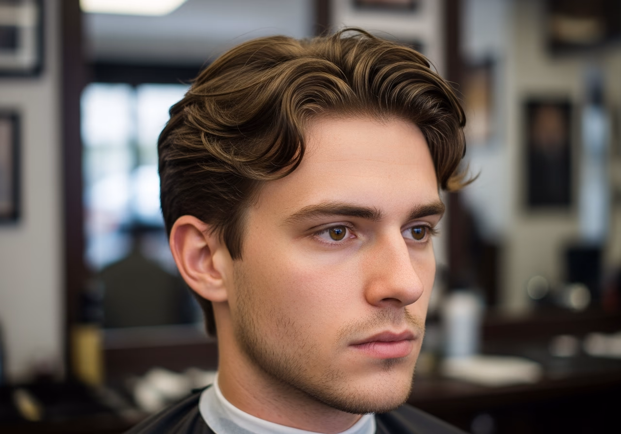 Permed Waves hairstyle for men 2026 — haircuts for heart-shaped faces variation, best for heart-shaped faces + straight hair wanting movement, modern barbering by Master Stylist Jessica Hamilton