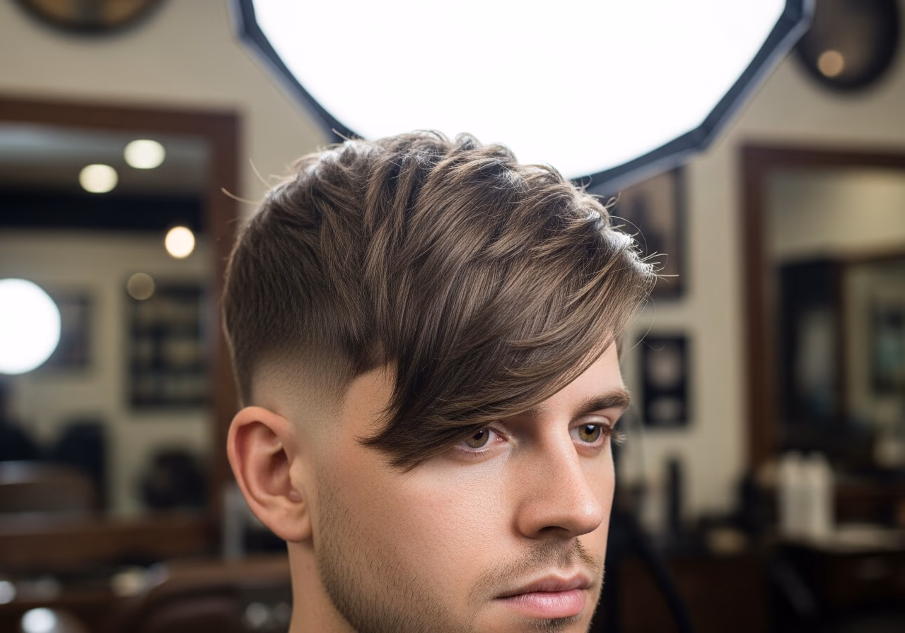 Side-Swept Fringe Medium hairstyle for men 2026 — haircuts for heart-shaped faces variation, best for heart-shaped faces + straight hair, modern barbering by Master Stylist Jessica Hamilton