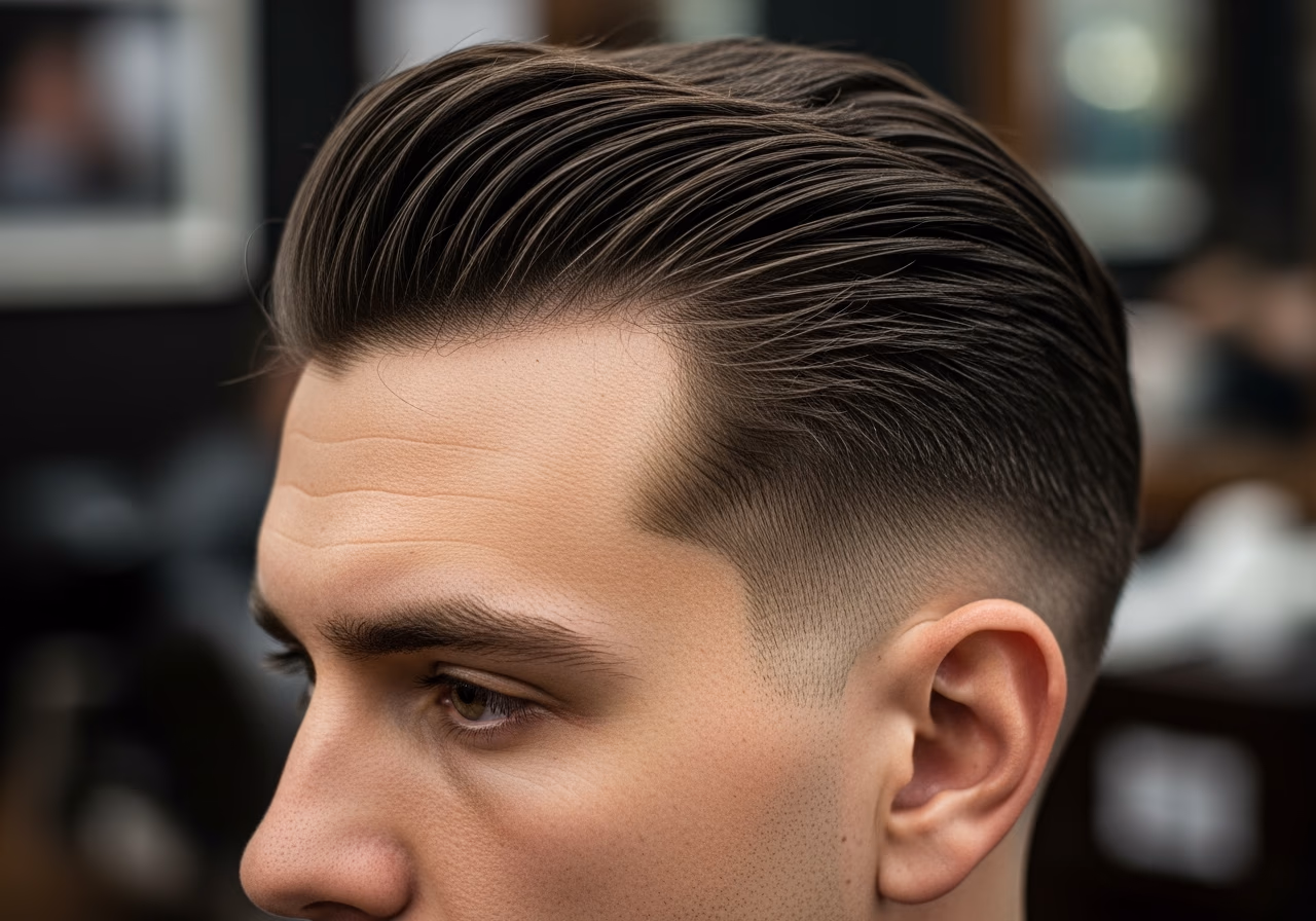 Slicked Back with Jaw Texture hairstyle for men 2026 — haircuts for heart-shaped faces variation, best for heart-shaped faces + straight hair, modern barbering by Master Stylist Jessica Hamilton