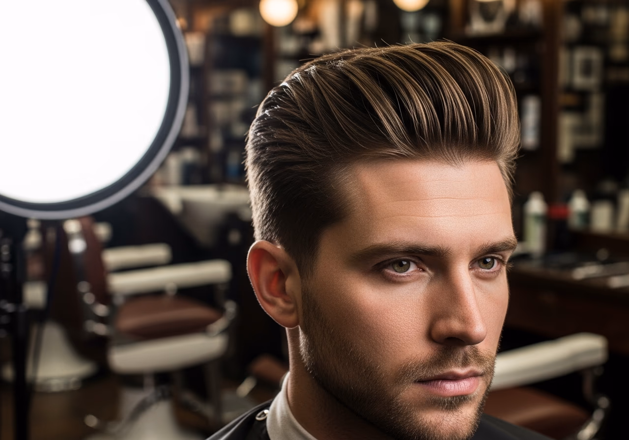 Textured Pompadour hairstyle for men 2026 — haircuts for heart-shaped faces variation, best for heart-shaped faces + straight or wavy hair, modern barbering by Master Stylist Jessica Hamilton