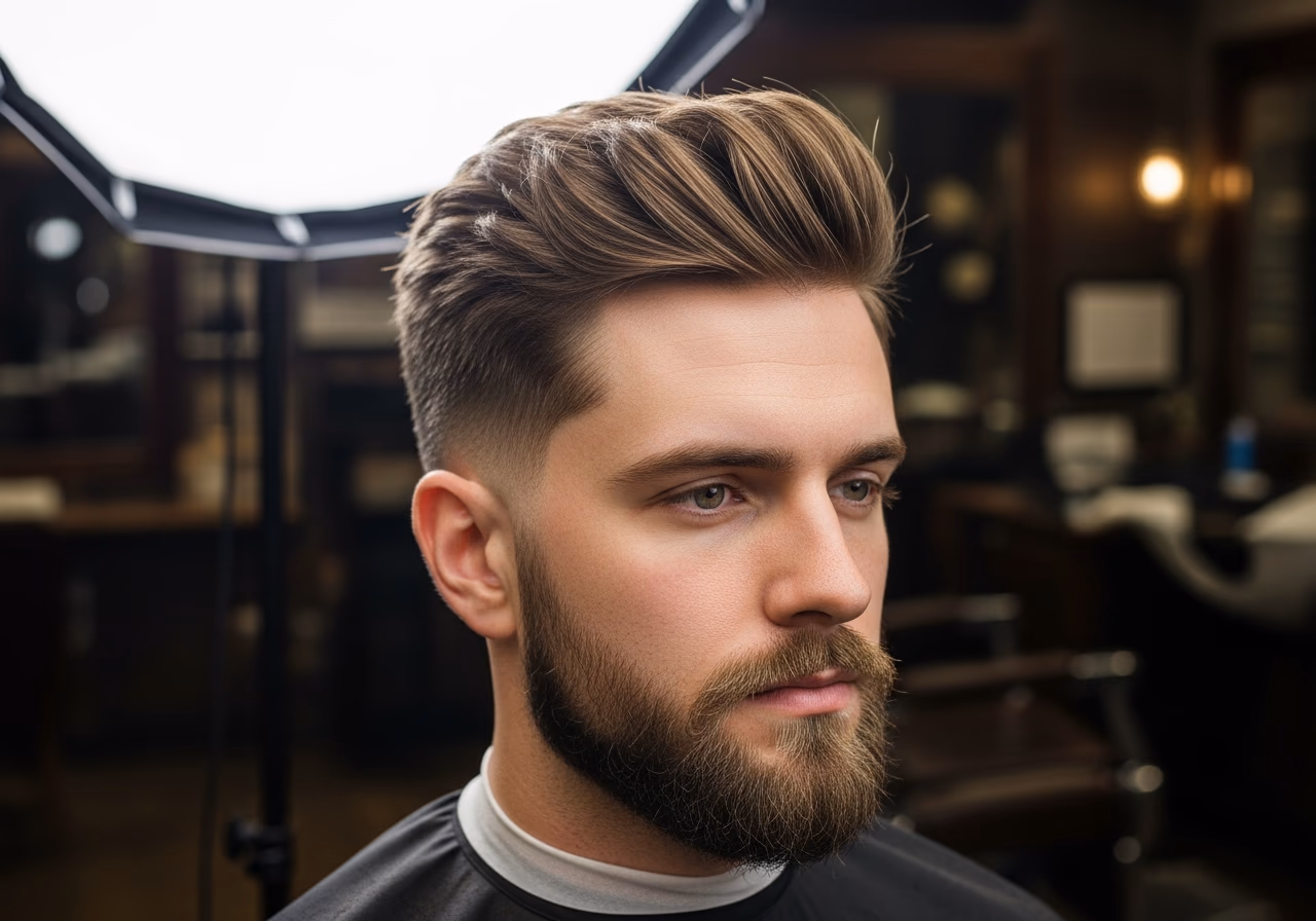 Textured Quiff with Lower Volume hairstyle for men 2026 — haircuts for heart-shaped faces variation, best for heart-shaped faces + straight or wavy hair, modern barbering by Master Stylist Jessica Hamilton