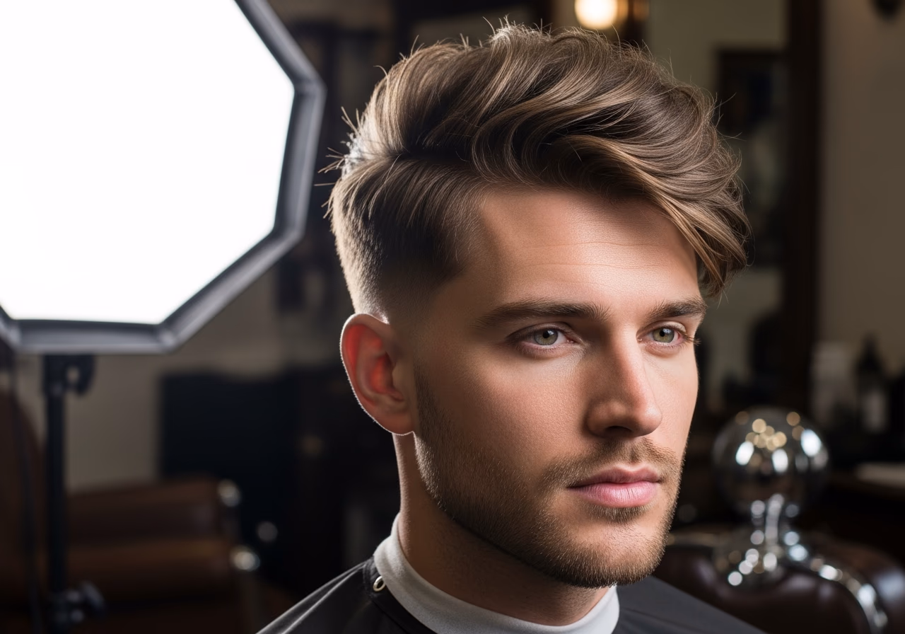 Textured Side Swept hairstyle for men 2026 — haircuts for heart-shaped faces variation, best for heart-shaped faces + wavy hair, modern barbering by Master Stylist Jessica Hamilton