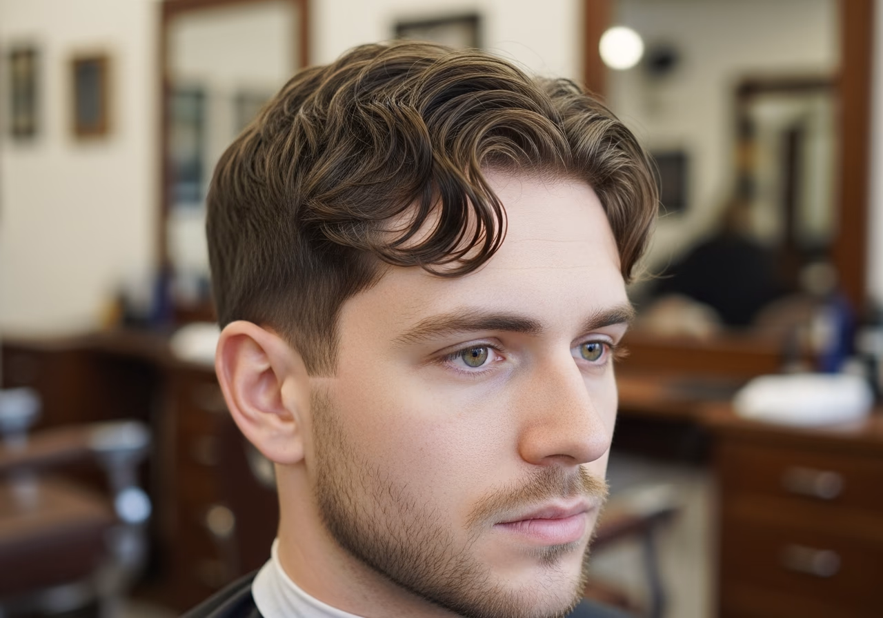 Wavy Mop with Lower Volume hairstyle for men 2026 — haircuts for heart-shaped faces variation, best for heart-shaped faces + wavy hair, modern barbering by Master Stylist Jessica Hamilton