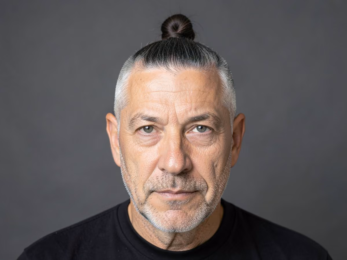 Man with a high fade top knot