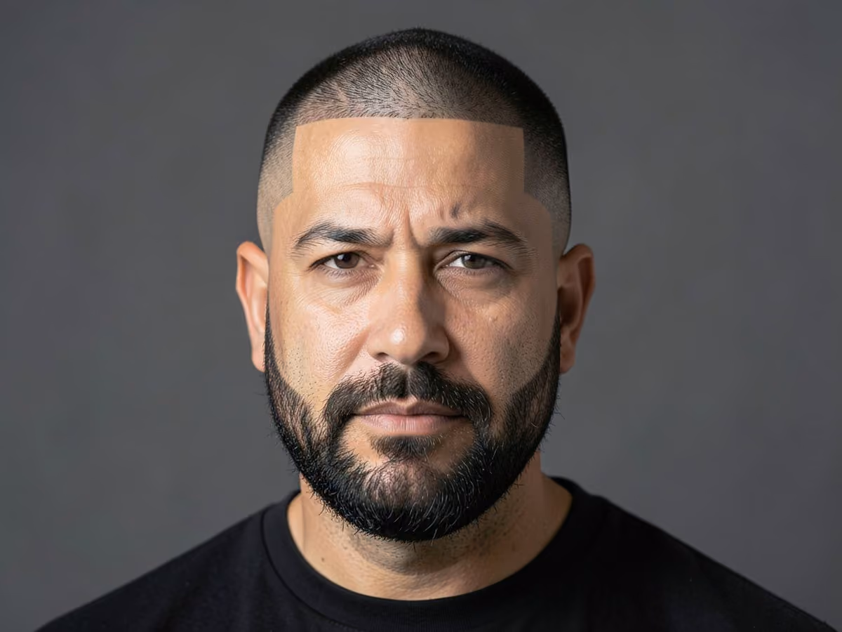 Man with a high fade with boxed beard