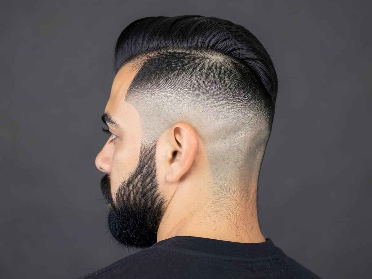 Man with a high fade with widow's peak