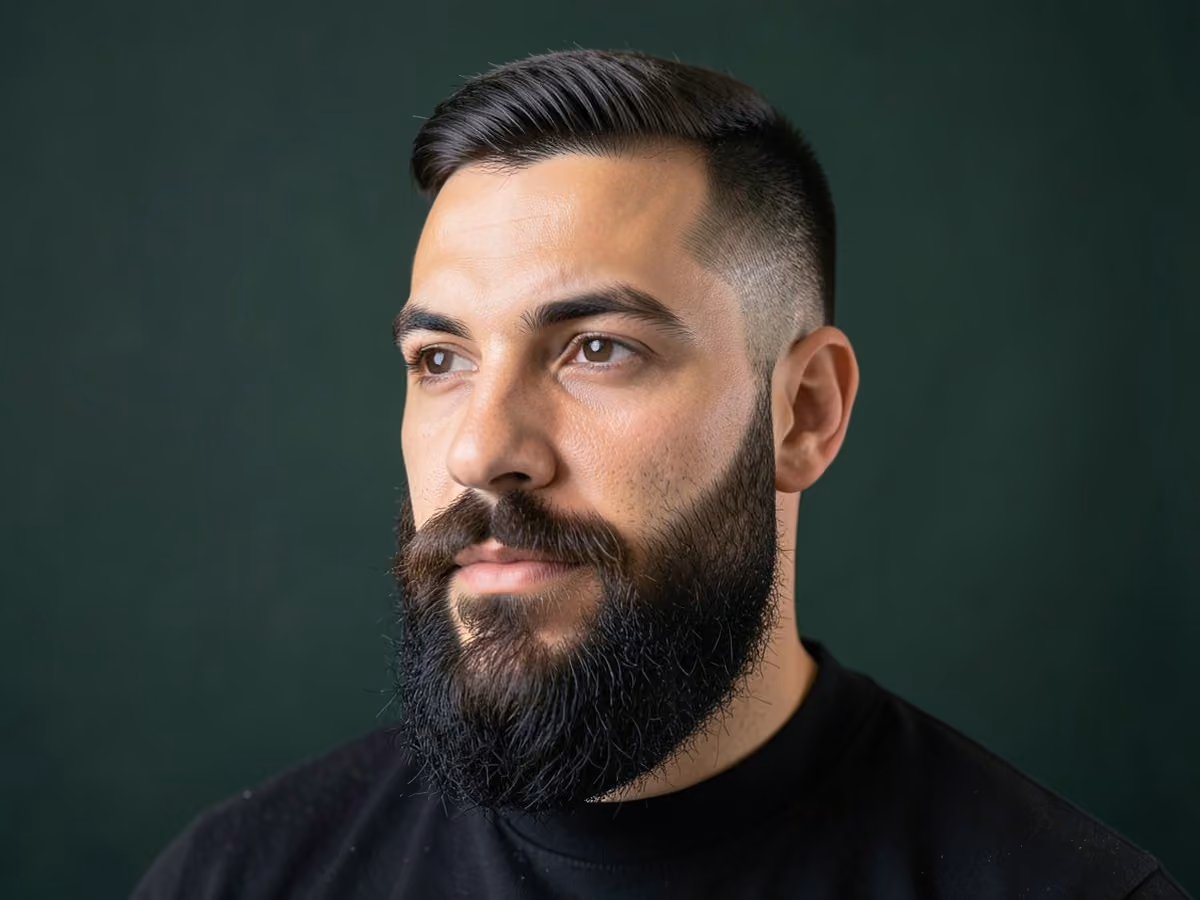 Man with a caesar with full beard haircut