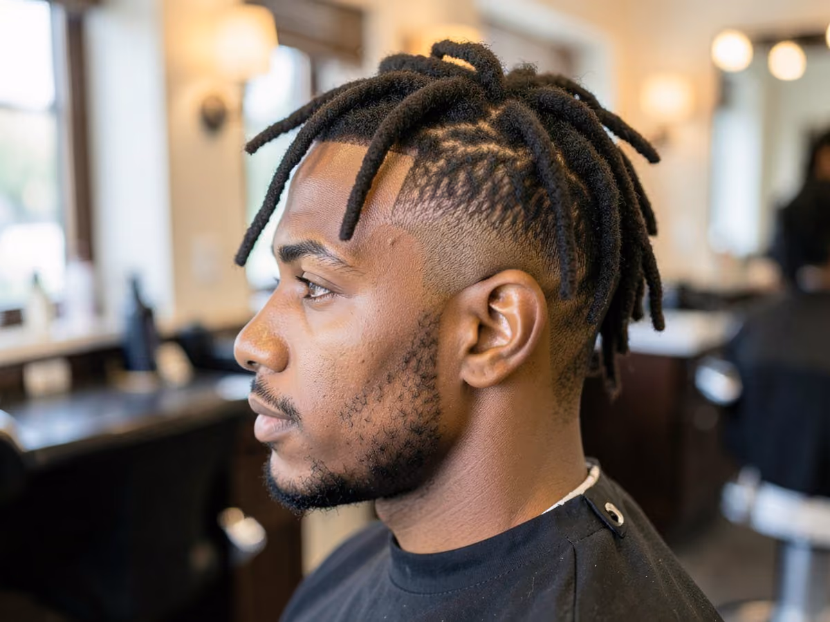 Man with a freeform locs with fade