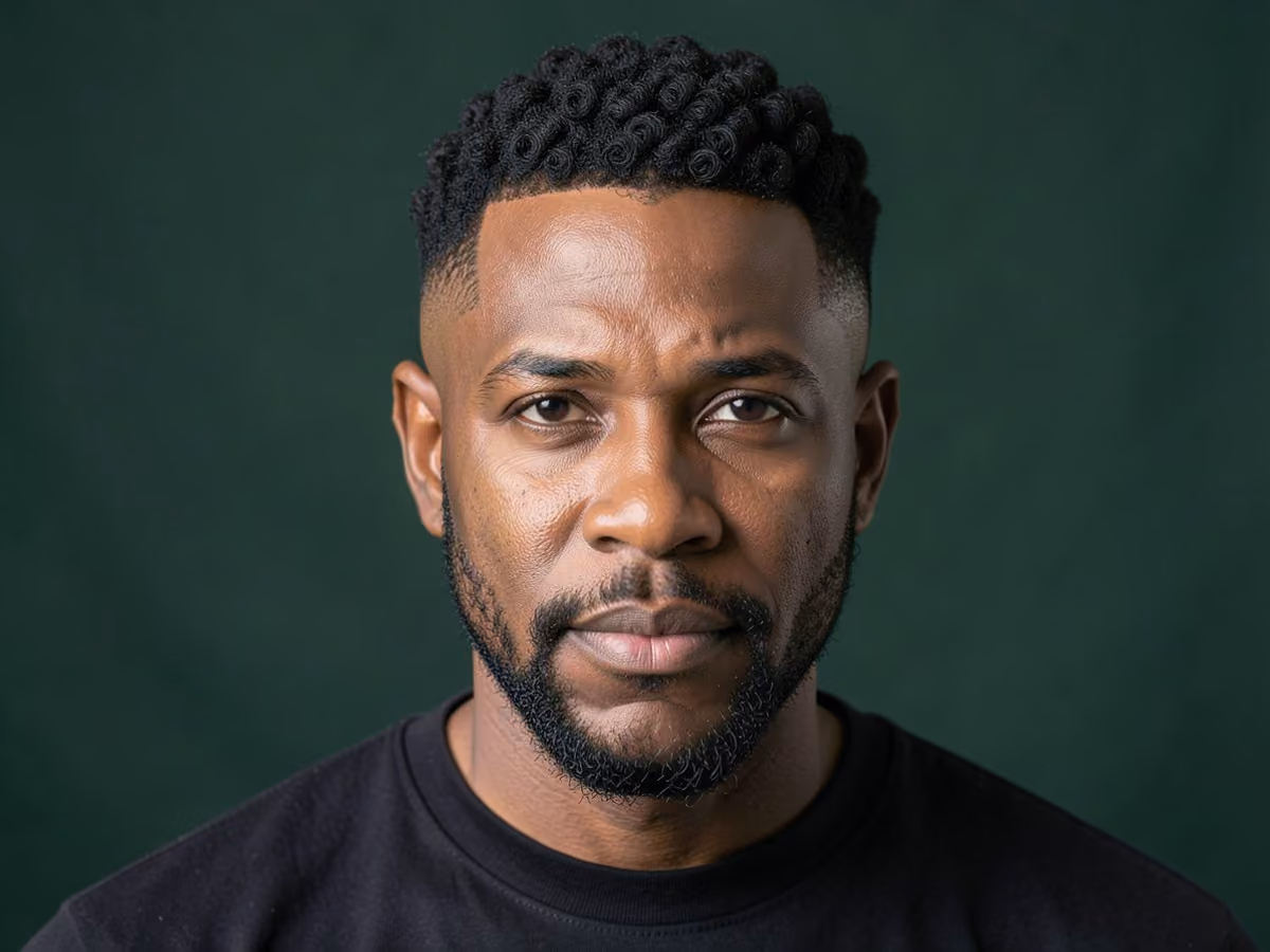 Man with a sponge curls with taper haircut
