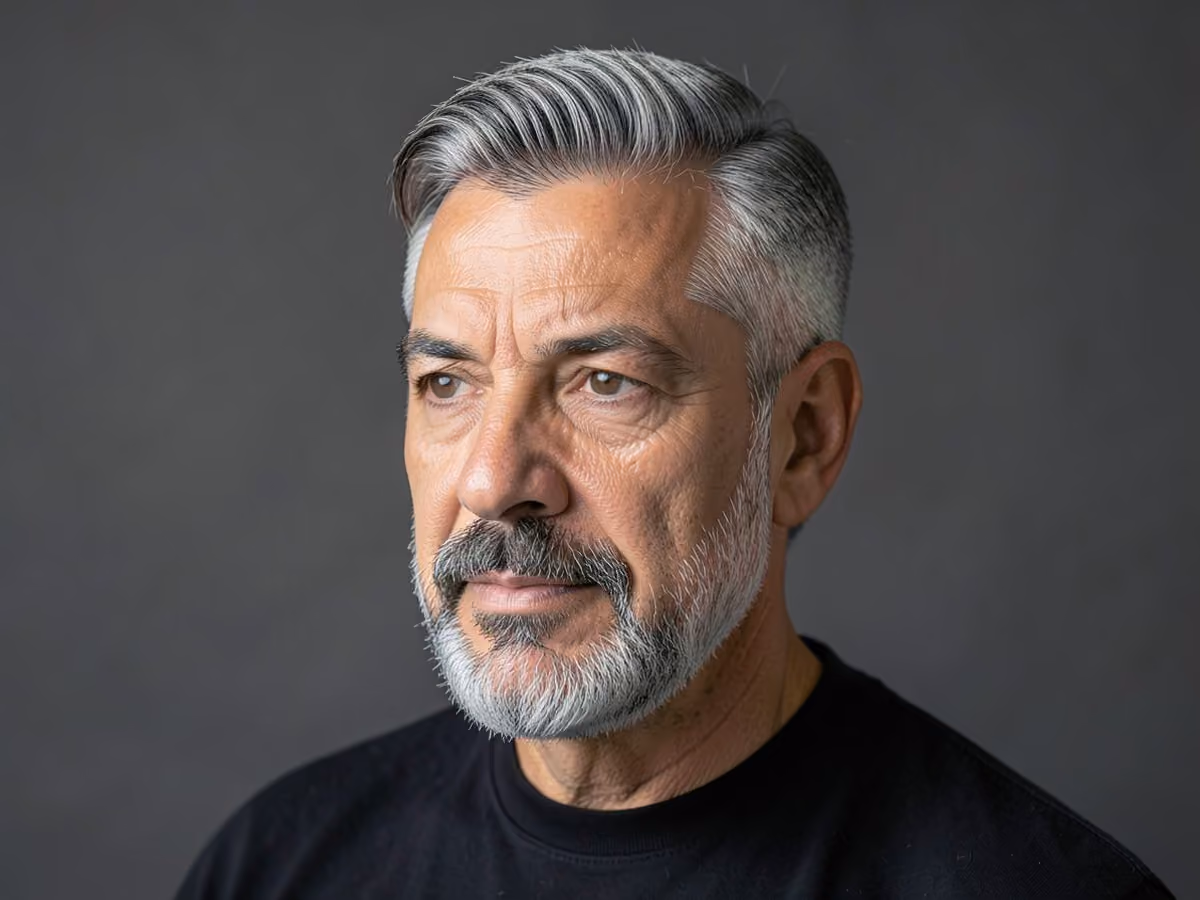 Man with a hipster hard part with boxed beard