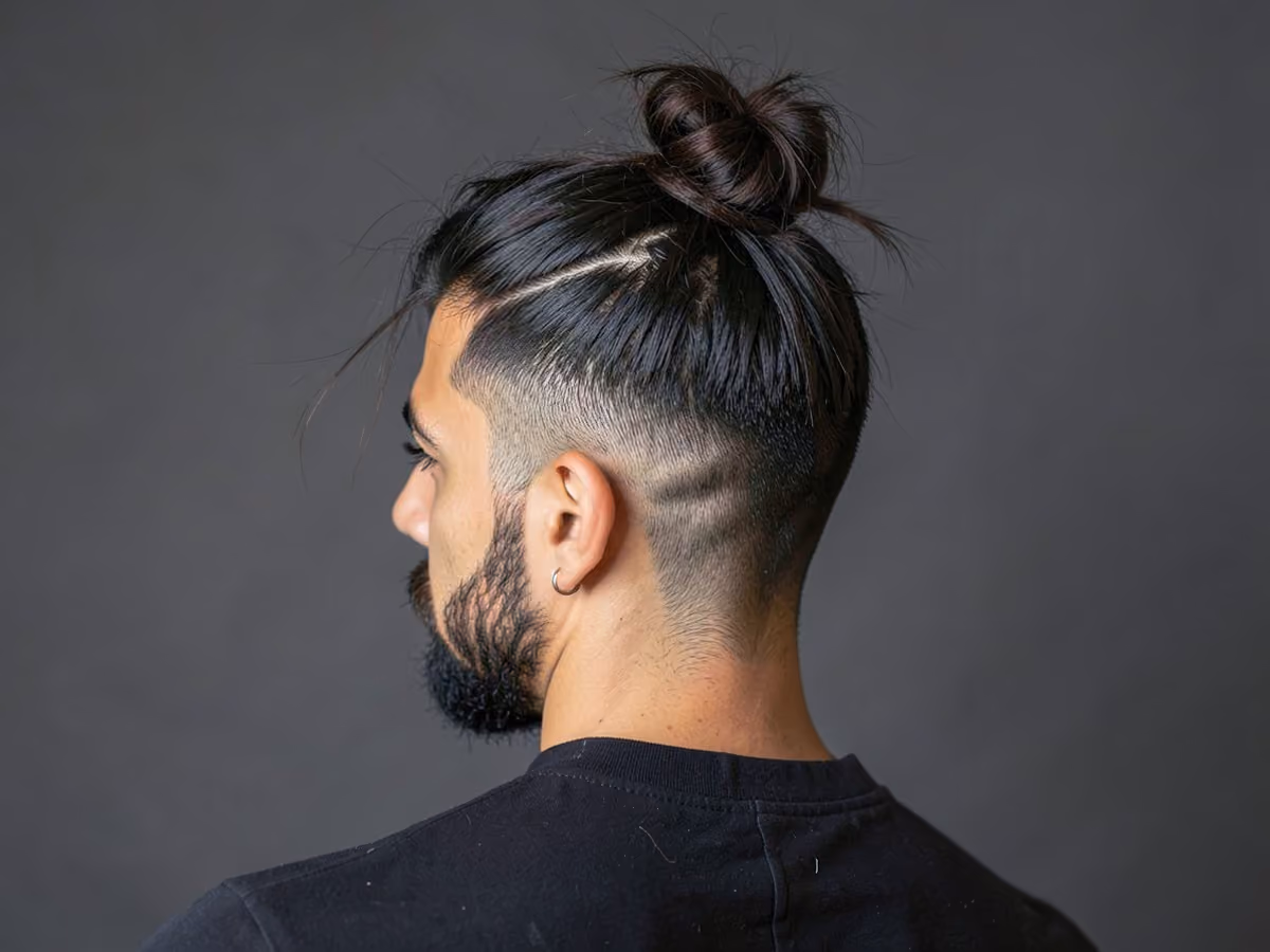 Man with a hipster man bun haircut
