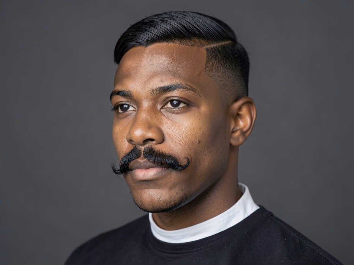 Man with a hipster side part with handlebar mustache