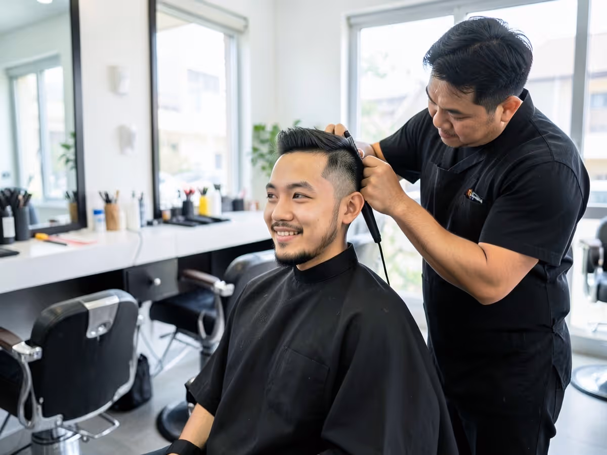 Barber finishing a smiling client's short haircut in a barbershop
