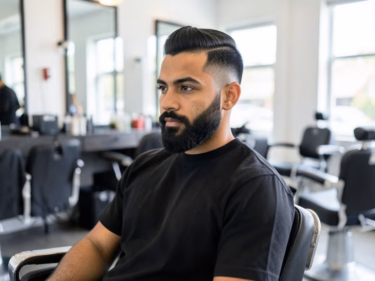 Man buzzing his own hair with clippers at home