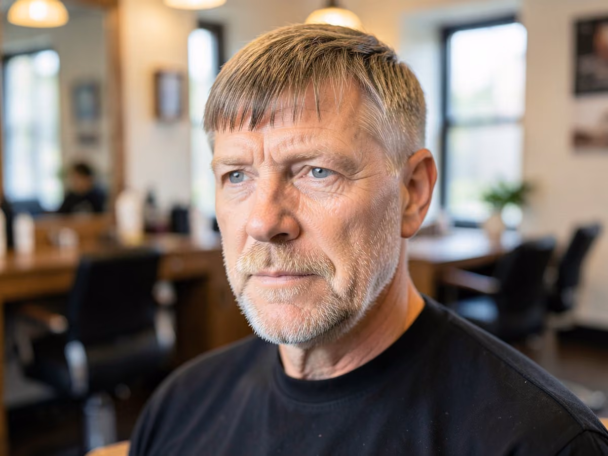 Man with a layered fringe with short beard haircut