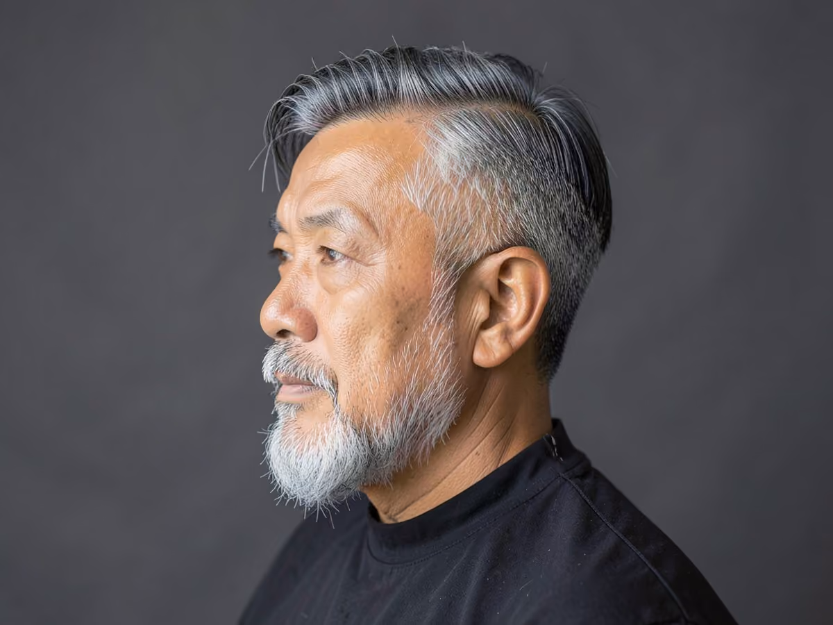Man with a layered ivy league haircut
