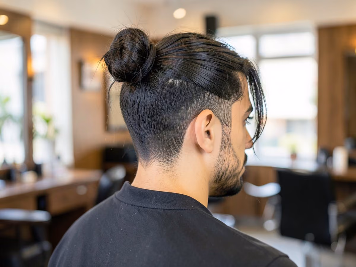 Man with a layered man bun haircut