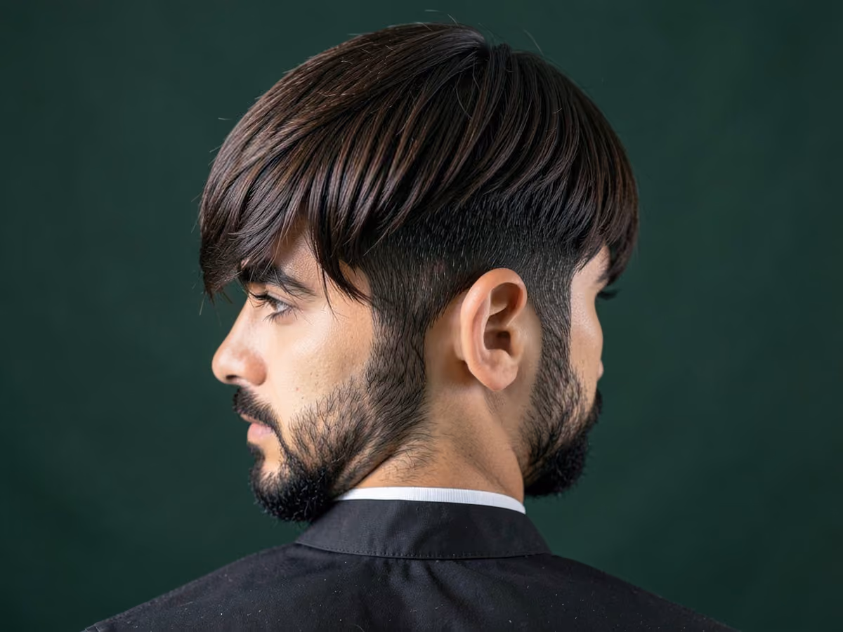 Man with a layered side swept fringe haircut