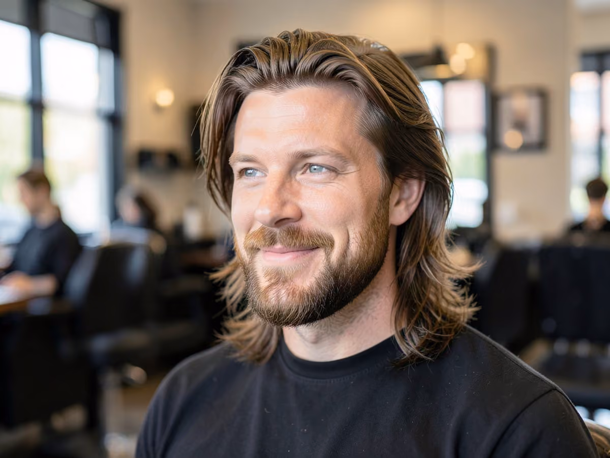 Man with a long layers with boxed beard haircut