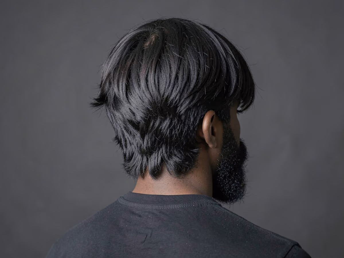 Man with a shoulder length layers haircut