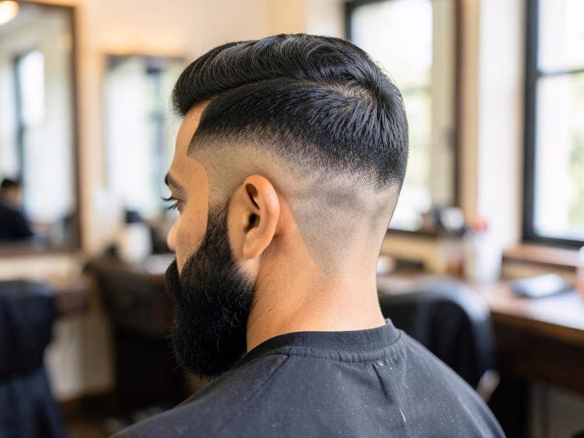Man with an edge up with drop fade