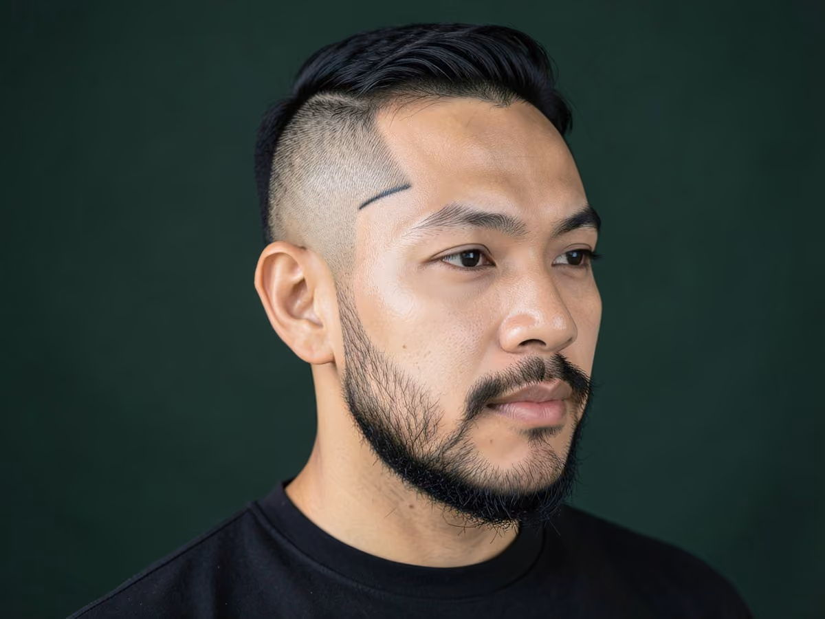 Man with a line up with beard connection haircut