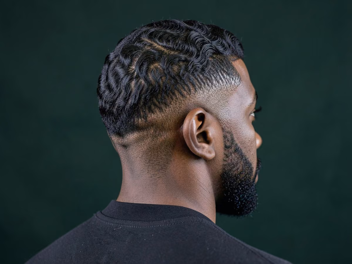 Man with a line up with waves haircut
