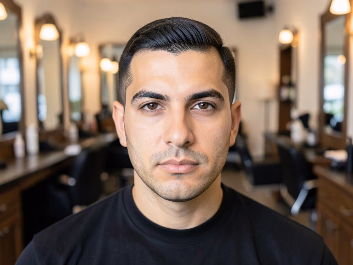 Man with a rounded line up haircut