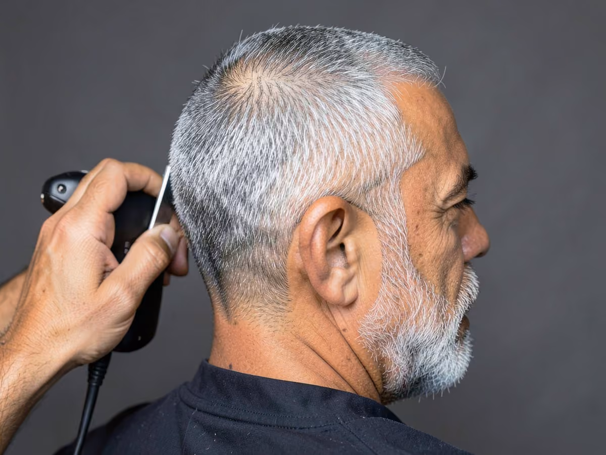 Man with a straight line up haircut