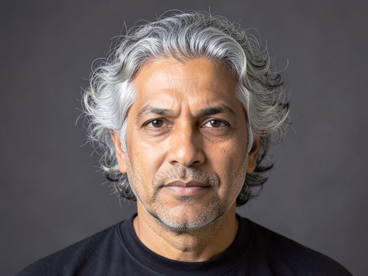 Man with a gray long curly hair