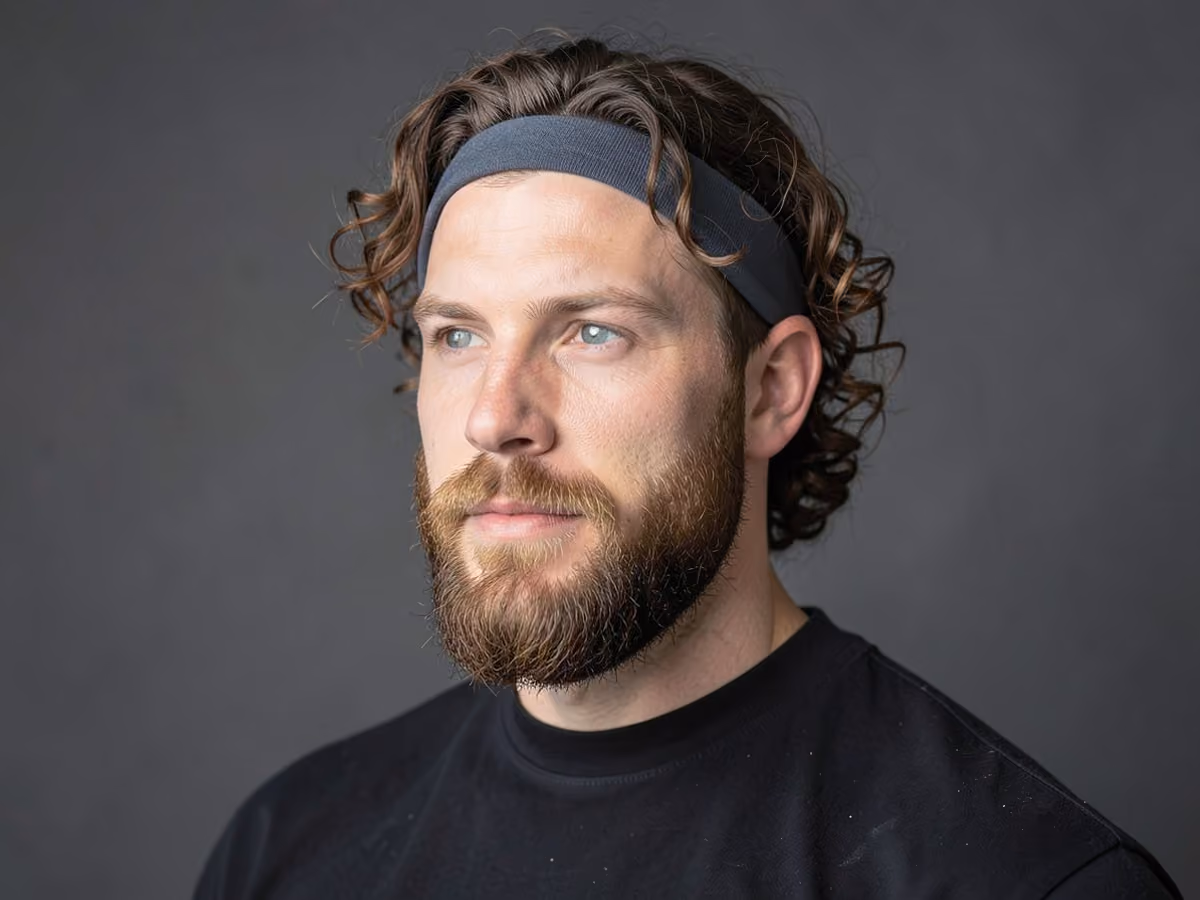 Man with a long curls with headband haircut