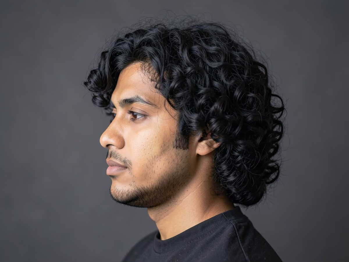 Man with a long curly bob haircut