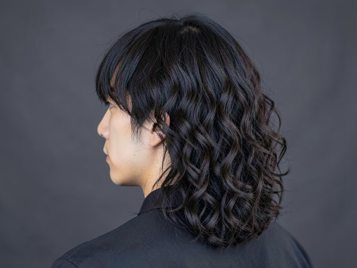 Man with a long curly curtain bangs haircut