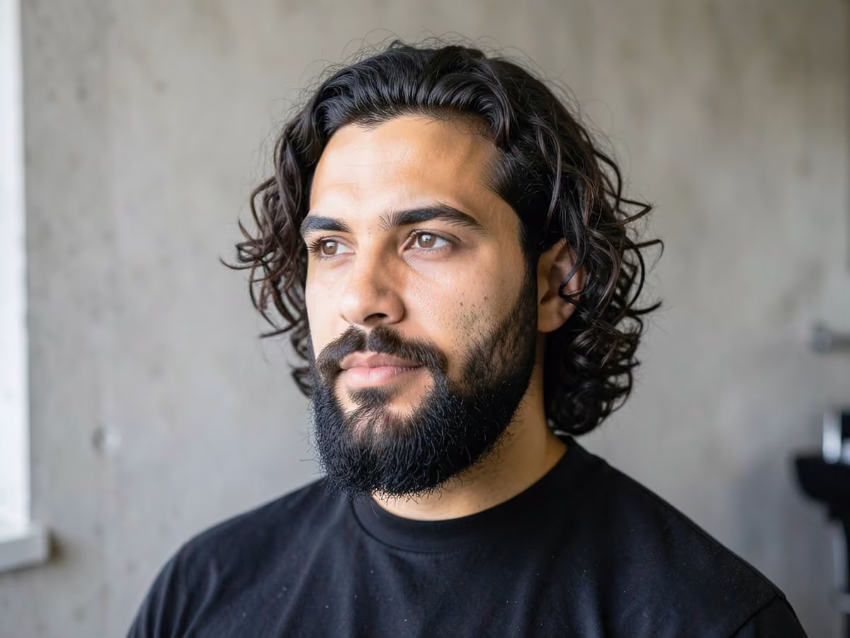 Man with a long curly hair with full beard
